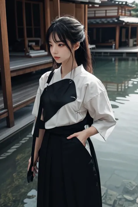 a woman in a black and white dress standing next to a body of water