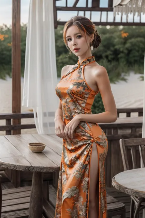 a woman in an orange dress posing for a picture