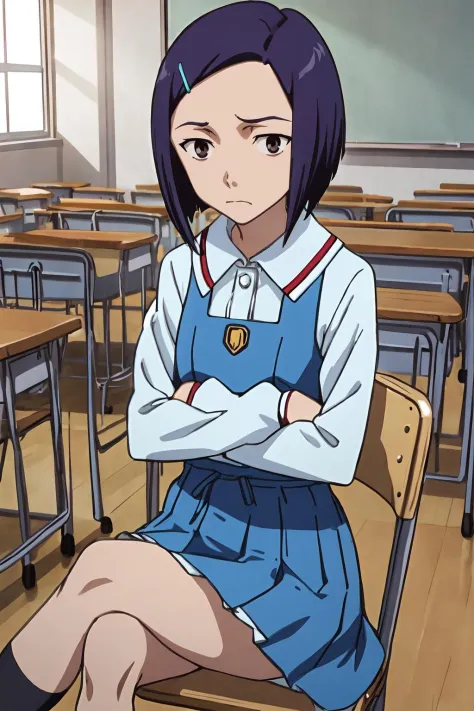 (masterpiece, best quality:1.2), highres, anime screencap, anime coloring, 1girl, solo, frown, 
Tomoyo_Kurobe, purple hair, shor...