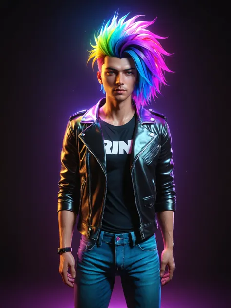 1boy, synthwave, vaporwave, synthwave punk, nvinkpunk, masterpiece, best_quality, ultra-detailed, epic, illustration, render, volumetric lighting, LoFi Aesthetic, Neon Rainbow Cyberpunk man, leather jacket, rainbow hair, tshirt, jeans, fantasy, lens flare, light leak, prismastic, Unreal Engine 5, side-lighting, realistic, cinematic lighting, rim lighting, cinematic angle, foreshortening, dark, dark background, masterpiece, best quality, centered, cinematic lighting, close-up, foreshortening, dark, dark background, desktop wallpaper, masterpiece, best quality, sidelighting, cinematic angle, masterpiece, best quality