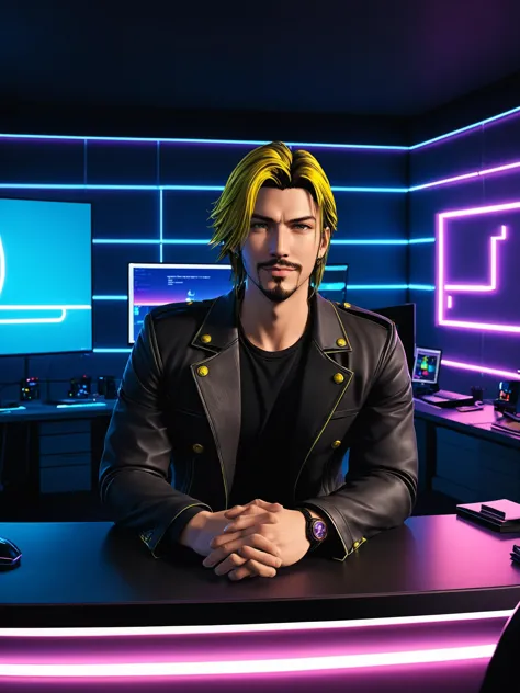 1boy, Final Fantasy VIII, Justin Maier as Squall Leonhart standing near a desk facing the camera, smile, facial hair, stubble, looking at viewer, indoors, professional office, a singular professional CEO desk, minimalist, blue and yellow theme with neon, vaporwave gradient lights, futuristic, dusk theme, movie still, yellow track lights, electric light wires, neon outlines, centered, cinematic lighting, close-up, foreshortening, dark, dark background, desktop wallpaper, masterpiece, best quality, sidelighting, cinematic angle, masterpiece, best quality