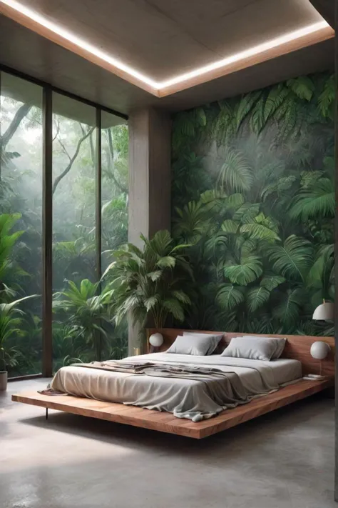 a view of a bedroom with a bed and a plant in the corner, really beautiful forest, world of only concrete, x  x , expensive ...