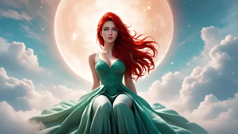 award winning ethereal fantasy art of a 20 y.o. woman, red long hair, green eyes, sitting, clothed in sexy pastel colored dress, looking up, full body, cloudy sky fantasy background, magnificent, celestial, ethereal, painterly, epic, majestic, magical, fantasy art, cover art, dreamy, perfect hands, clear eyes, clear facial features