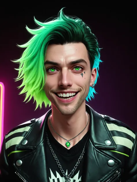 green theme, 1boy, male focus, Lawrence_Shoggoth, Beetlejuice, Beetlejuice, Beetlejuice, male_focus, solo, heterochromia, gradient_hair, multicolored_hair, dirty_face, scars, short_hair, fluffy_hair, jewelry, open_clothes, jacket, necklace, open_jacket, black_jacket, shirt, crop_top, tattoo, pendant, leather, leather_jacket, looking_at_viewer, wide_grin, open_mouth, neon lighting, side lighting, studio, duochrome, duotone , 4 point perspective, vantage point, embers, cinematic lighting, rim lighting, cinematic angle, foreshortening, dark, dark background, masterpiece, best quality, centered, cinematic lighting, close-up, foreshortening, dark, dark background, desktop wallpaper, masterpiece, best quality, sidelighting, cinematic angle, masterpiece, best quality