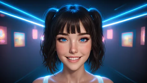 beautiful lady, (freckles), big smile, blue hazel eyes, Full Bangs, dark makeup, soft light, head and shoulders portrait, cover,  portrait, sidelighting, neon lighting, neon halo, ,  cinematic angle, masterpiece, best quality