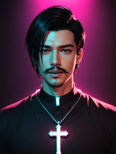 red theme, short hair, open mouth, black hair, long sleeves, 1boy, holding, jewelry, upper body, male focus, necklace, parted bangs, facial hair, cross, ghost, mustache, stubble, cross necklace, priest, neon lighting, side lighting, studio, duochrome, duotone , cinematic lighting, rim lighting, cinematic angle, foreshortening, dark, dark background, masterpiece, best quality, centered, cinematic lighting, close-up, foreshortening, dark, dark background, desktop wallpaper, masterpiece, best quality, sidelighting, cinematic angle, masterpiece, best quality