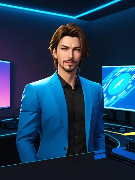 1boy, Final Fantasy VIII, Justin Maier as Squall Leonhart standing near a desk facing the camera, smile, brown hair, brown eyes, facial hair, stubble, looking at viewer, indoors, professional office, a singular professional CEO desk, minimalist, blue and yellow theme with neon, vaporwave gradient lights, futuristic, dusk theme, movie still, yellow track lights, electric light wires, neon outlines, centered, cinematic lighting, close-up, foreshortening, dark, dark background, desktop wallpaper, masterpiece, best quality, sidelighting, cinematic angle, masterpiece, best quality