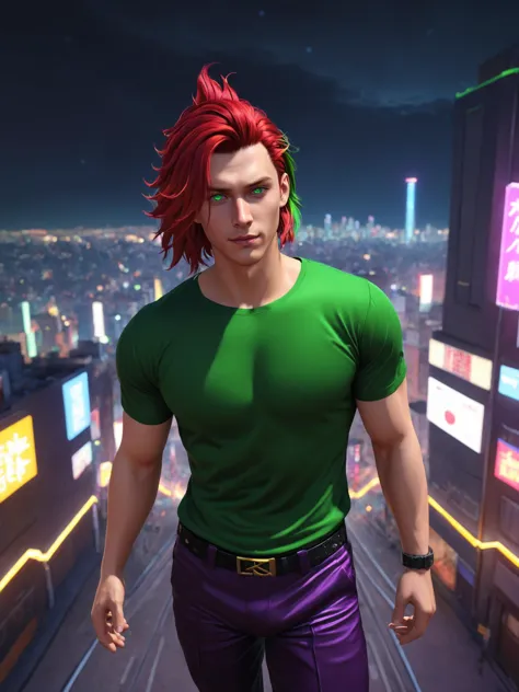 nvinkpunk, (masterpiece, best quality, ultra-detailed, highres, best illustration), 1boy, solo, male focus, (norse god loki), two tone hair, red hair, green hair, short hair, heterochromia, purple eyes , side lighting, lustrous skin, ray tracing, tshirt, pants, detailed hair, detailed face, depth_of_field, very detailed background, extreme light and shadow, (detailed eyes), perfect anatomy, Floating, dynamic angle, wide shot, full body, city scape, extreme light and shadow, night sky, outrun, electric light wires, neon outlines, illustrated, sidelighting, cinematic angle, masterpiece, best quality