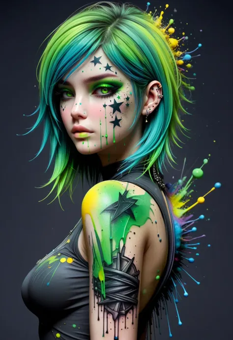masterpiece, intricate details, female, emo, heavymakeup, star tattoo, green theme ,  <lora:3D_Paint_SDXL:0.8> mad-thrdpnt, pain...