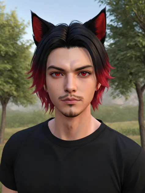 animal ears, solo, cat ears, red eyes, multicolored hair, looking at viewer, black hair, gradient hair, realistic, colored scler...