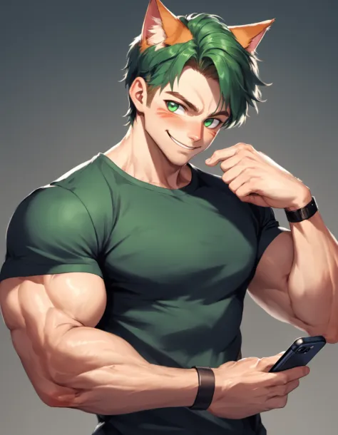 solo, looking at viewer, smile, short hair, blue eyes, shirt, 1boy, holding, animal ears, closed mouth, green eyes, upper body, short sleeves, male focus, red hair, sweat, cat ears, blurry, black shirt, muscular, blurry background, scar, phone, cellphone, muscular male, t-shirt, wristband, bara, smartphone, scar on face, veins, holding phone, meme, paw pose, selfie, manly, biceps, cat boy, flexing