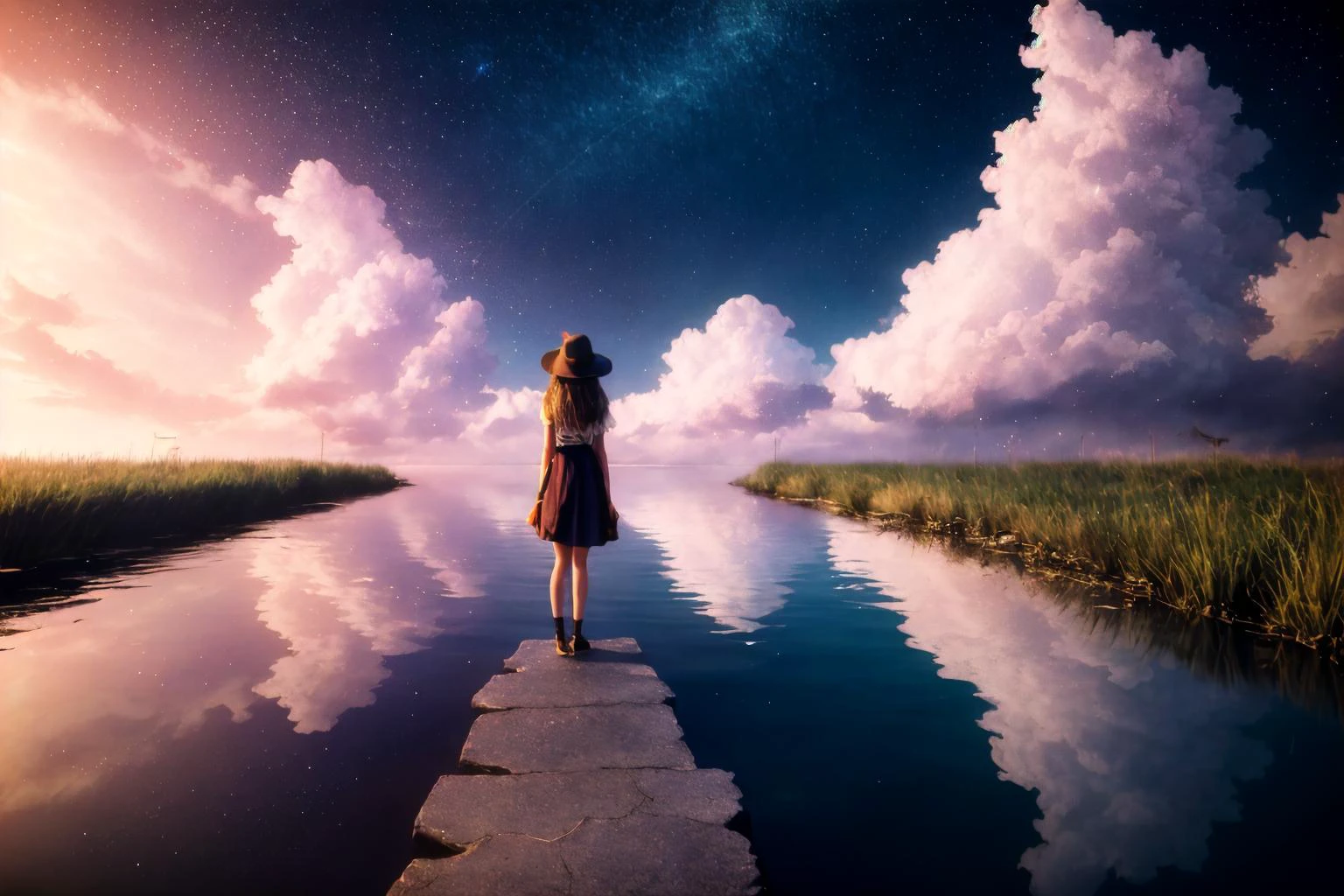 a view of the horizon and a starry sky,  (best quality:1.2),(masterpiece:1.2), (a dark red spiritualistic creature from clouds of gas against the background of a dark deep void:1.2), (darkness:1.2), abstraction, abyssopelagic, girl standing in a puddle,abyss background, red theme, perfect shadows, perfect reflections, ray tracing, red highlights, red glow, reflective, poor lighting, ancient city, midnight, rain,