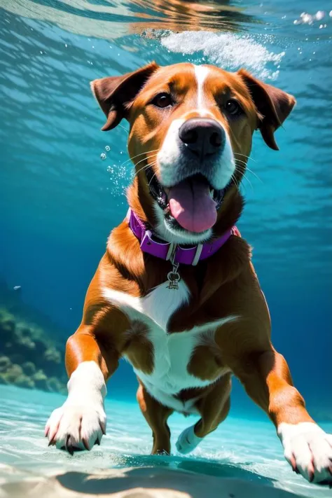 alta qualidade, obra de arte, 1 cachorro, Nadando em direção à câmera, embaixo da agua,