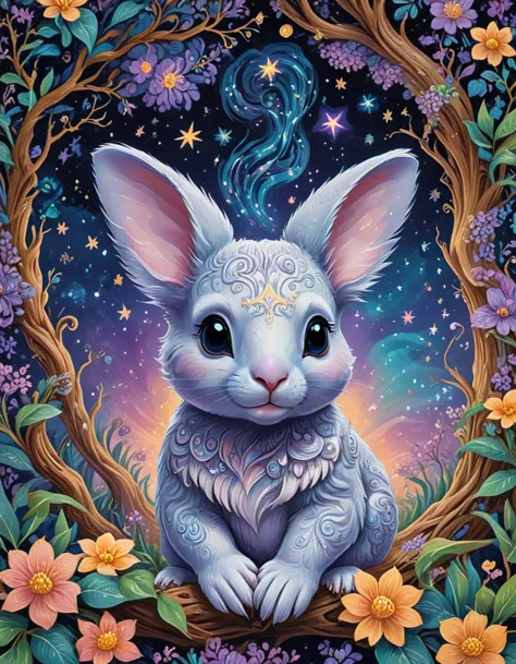 novuschroma66 style swirl patterns bunny koala on a branch with flowers, stars  <lora:faetastic details:1> <lora:sdxl_lightning_...