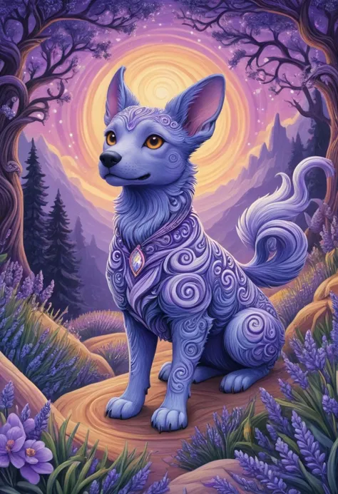 very detailed infernal pet, awesome appearance, magical landscape with enchanted elements, fantasy art style, lavender theme, in...