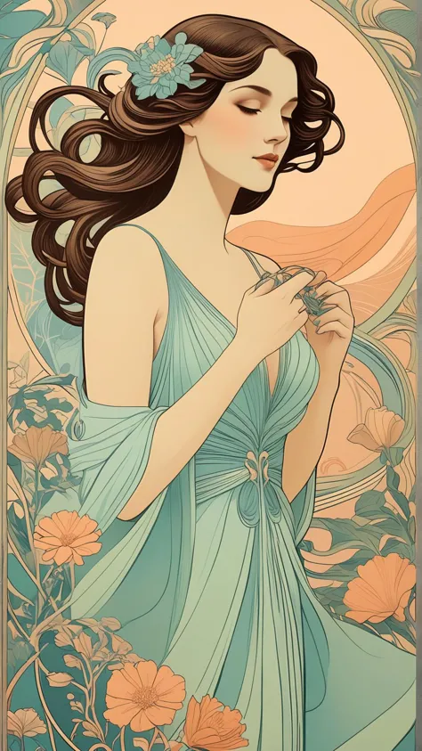 art nouveau poster, flowing lines, elegant woman, floral motifs, pastel colors, decorative typography, vintage style, harmonious composition, intricate patterns, celebrating beauty and nature