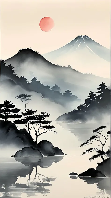 a painting of a mountain with a red sun in the background