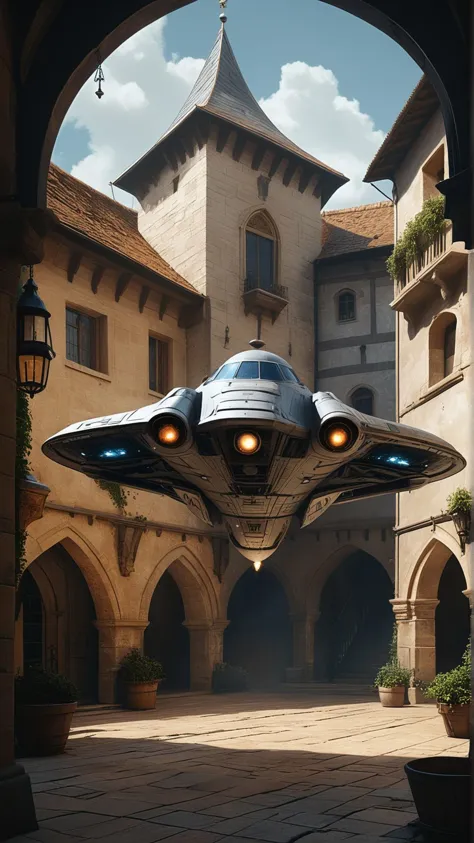 a spaceship landing in a medieval courtyard. 
,masterpiece, best quality, creative artwork, trending on artstation,