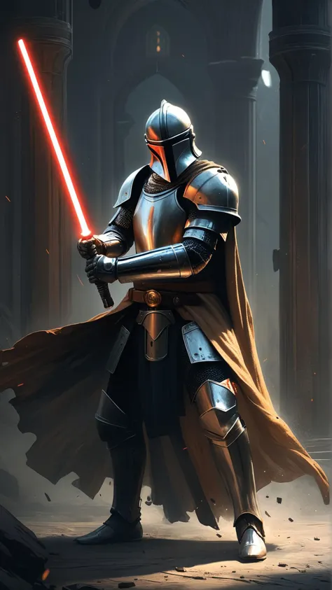 a knight wielding a lightsaber. 
,masterpiece, best quality, creative artwork, trending on artstation,