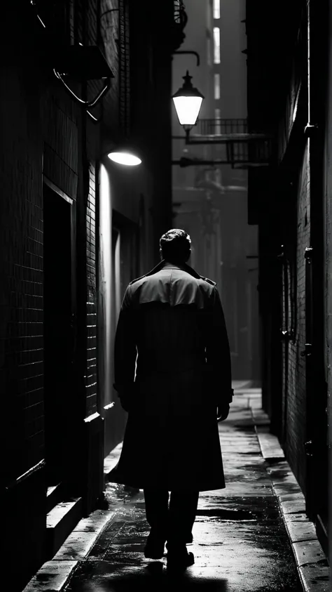 cinematic still, high contrast, noir film style, detective in trench coat, shadowy alley, moody lighting, tense atmosphere, blac...