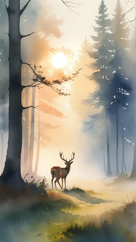 painting of a deer in a forest with a sun in the background