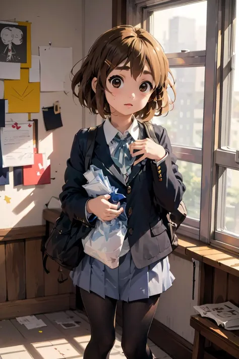 anime girl in school uniform holding a bag and looking at her phone