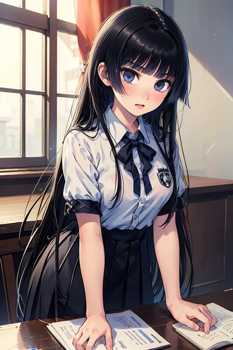 anime girl with long black hair sitting at a desk with a book