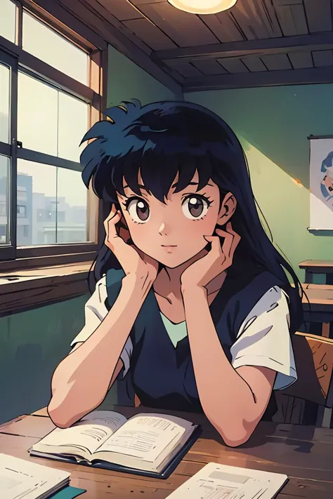 anime girl sitting at a table with a book and pen