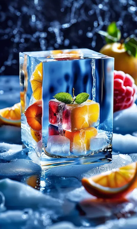 there is a glass of ice with fruit inside of it