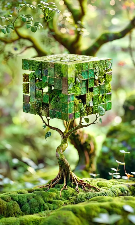 a tree with a green mosaic design on it in the middle of a moss covered forest