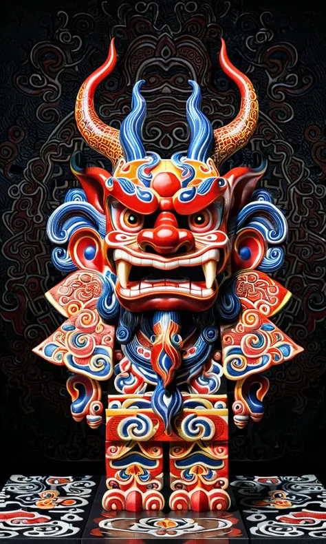 a close up of a statue of a demon with horns