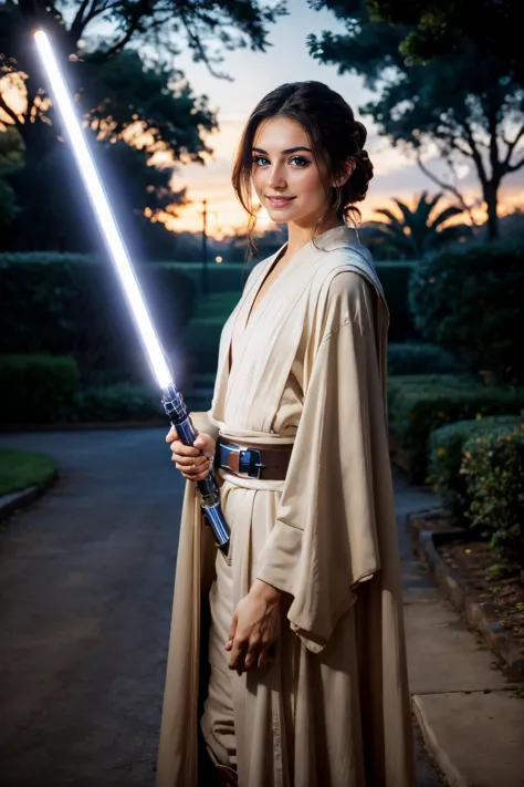 <lora:Lily:.7>, blue eyes, long brow hair, brown jedi robes,looking at viewer, smiling, standing, holding lightsaber, blue beam,...
