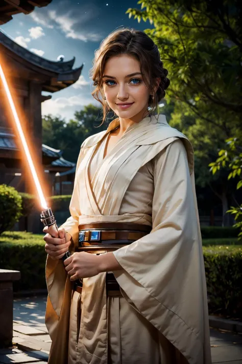 <lora:Rose:.7>, blue eyes, brown hair, jedi robes,looking at viewer, smiling, standing, holding lightsaber, outside, temple, tre...