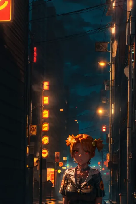 a woman in a short dress standing on a city street at night