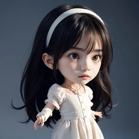 a close up of a doll with a white dress and a headband