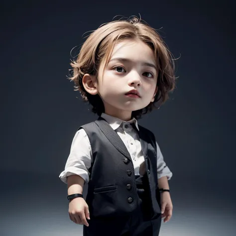 a close up of a young boy wearing a vest and tie