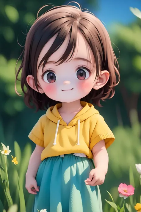 a girl in a yellow shirt and blue skirt standing in a field of flowers