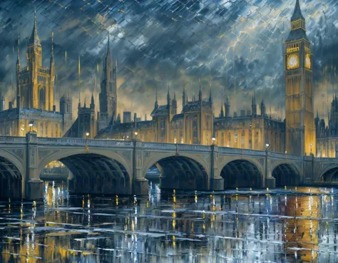 An ultra-detailed oil painting of Big Ben some English stuff. Bridge in foreground. Detailed Reflections. Violent thunderstorm o...