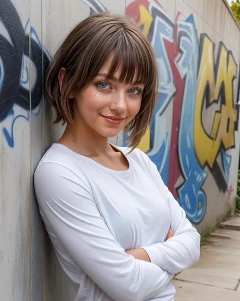 1girl,  standing, casual, white shirt, jeans, upper body, long sleeves, tile wall, , against wall, graffiti,  crossed arms, from...