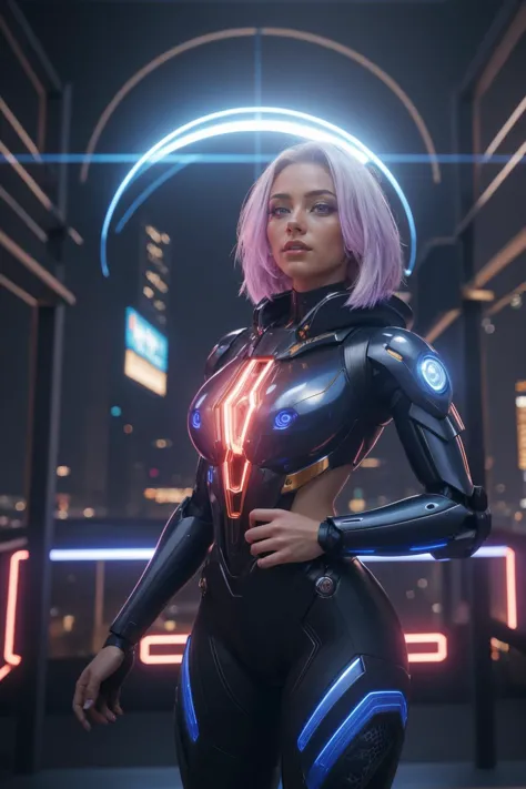 a futuristic girl in a suit standing in front of a background of futuristic mech,  mecha, cyberpunk art, afrofuturism, tattoo,  glowing lines, outdoors,  holographic interface,  hoodie, antenna hair, energy barrier, artificial flower, 
masterpiece, best quality, intricate details, absurdres,   epiC35mm sh3rryf0r31gn