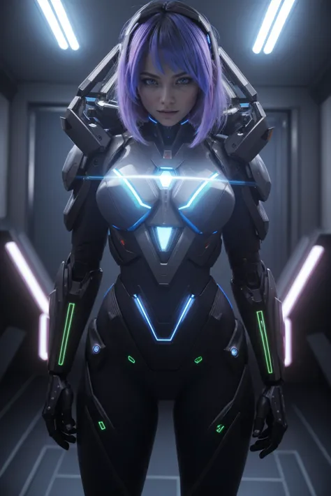 une fille futuriste en costume debout devant un fond de méchas futuristes,  mecha, art cyberpunk, afrofuturisme, Tatouage,  lignes lumineuses, à l&#39;intérieur,  regarder le spectateur, électricité, interface holographique,  sweatshirt à capuche, cheveux d&#39;antenne, barrière énergétique, 
chef-d&#39;œuvre, Meilleure qualité, détails complexes, absurdes,   epiC35mm sh3rryf0r31gn