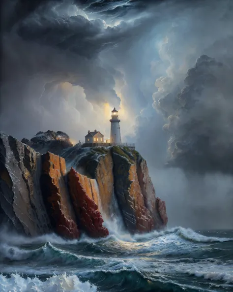 An ultra-detailed oil painting of a lighthouse surrounded by raging waves and stormy skies. (dramatic:1.4), (hyper-realistic), (...