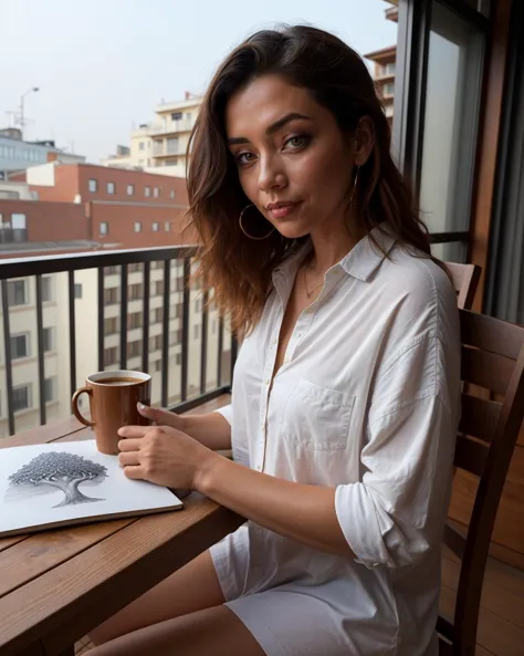 a woman wearing oversized shirt,  sitting at a table with a book and a cup of coffee in front of her on a balcony, Artgerm, phot...