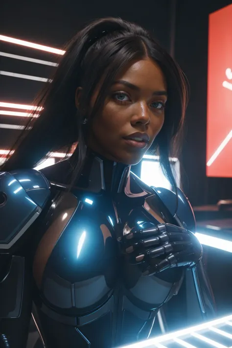 m0nifa, a futuristic girl in a suit standing in front of a background of futuristic mech,  mecha, cyberpunk art, afrofuturism, t...