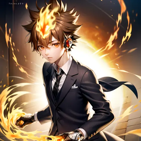 ((masterpiece, best quality)),(complex lighting),tsuna , solo, full body, 1boy, <lora:TsunaSawada1-10:0.8>, brown hair, gloves, 1boy, brown eyes, upper body, headphones, male focus, necktie, formal, suit, fire, black necktie, flaming hair,jewelry, standing,