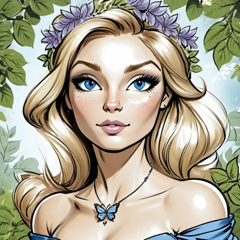 <lora:Azure_Sketch_Illustration:1>  ArsMJStyle, AzureSketch,  Cat,  ArsMJStyle, AzureSketch,, Virgo, The image shows a woman with long blonde hair wearing a blue dress and a necklace surrounded by a wreath of flowers and leaves., 1girl, solo, flower, long hair, breasts, hair ornament, blonde hair, cleavage, hair flower, butterfly, bug, looking at viewer, jewelry, parted lips, blue eyes, freckles, lips, upper body, bare shoulders, purple flower