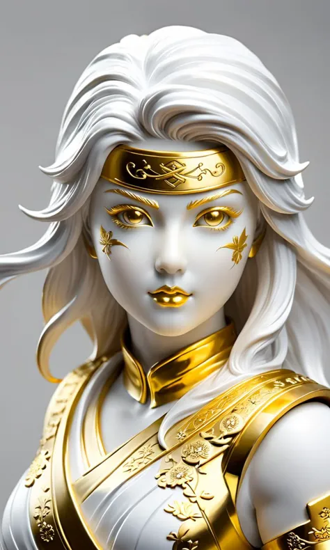 a close up of a statue of a woman with a gold and white outfit