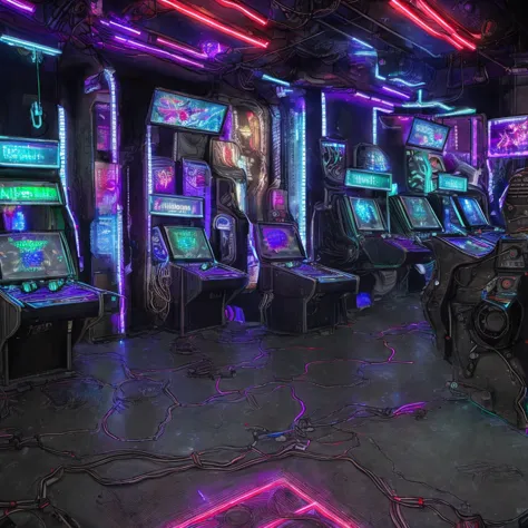 battlemap indoor, a cyberpunk video arcade with RGB lights and realistic lighting, cables on the floor