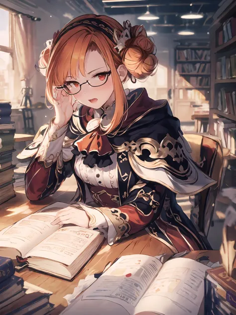 anime girl reading a book in a library with a lot of books