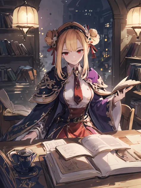 masterpiece,best quality,highres,cinematic lighting,dramatic angle,1girl,<lora:ShadowverseGingerV2-000030:0.8:lbw=jiangshi3>,blonde hair,hair bun,bangs,red eyes,purple and red dress,purple capelet,thigh boots,looking at viewer,white shirt,necktie,wide sleeves,indoors,sitting,teacup,chair,table,book shelf,smile,across table